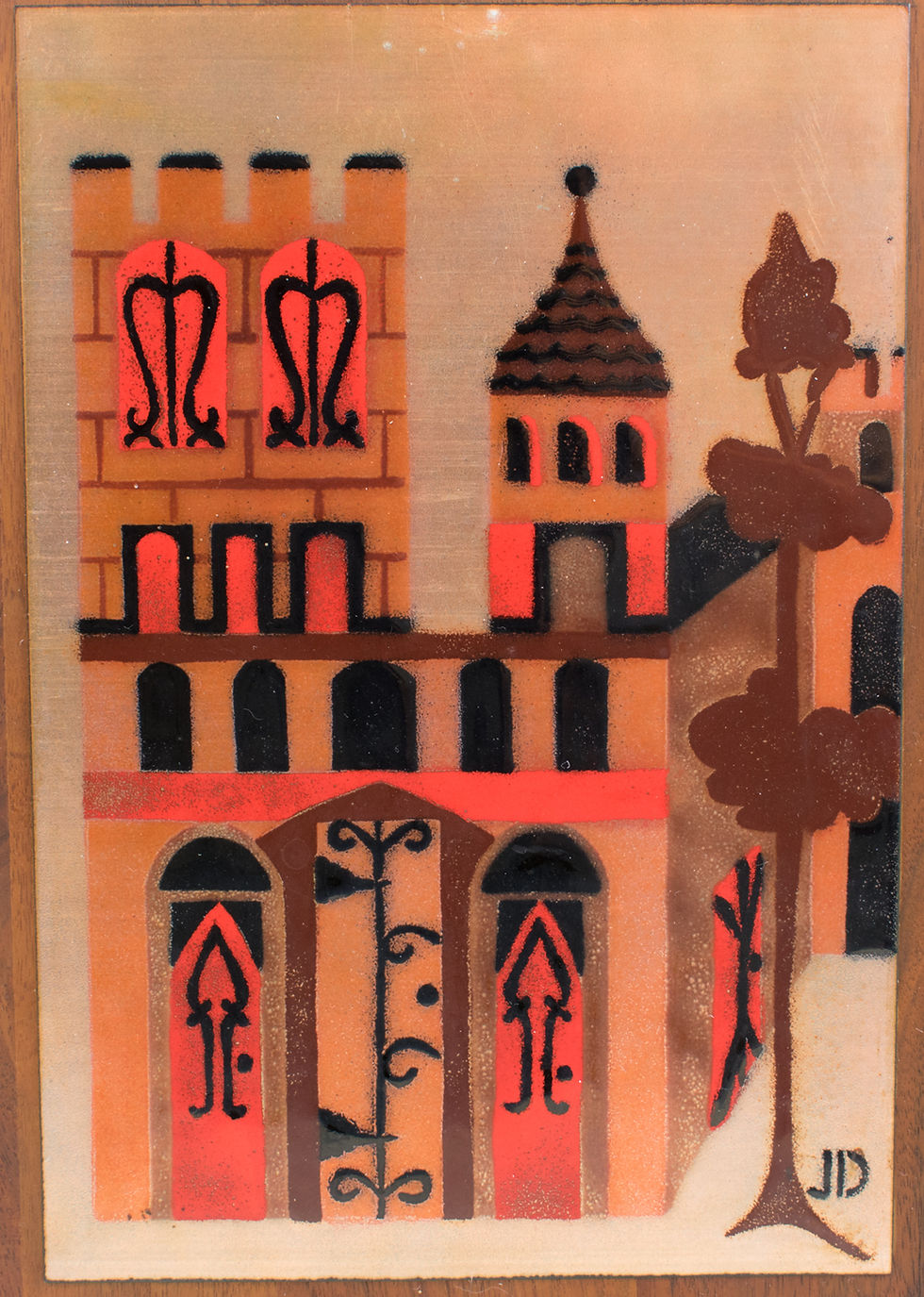 Thumbnail: Judith Daner Enamel Artwork Wall Panel Set, Geometric Mid-Century Cityscape