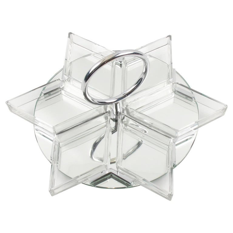 Art Deco Cocktail Set Barware Mirror Serving Tray and Crystal Dishes
