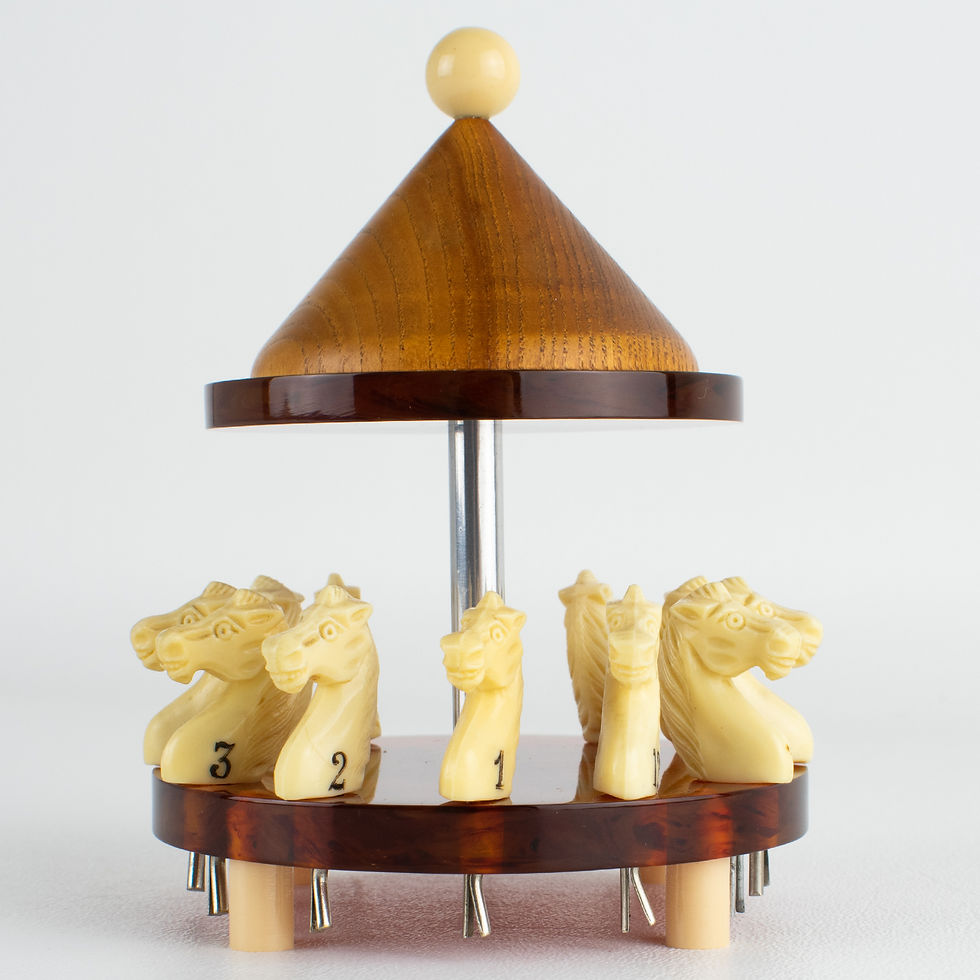 Thumbnail: Art Deco Barware Glass Markers Horse Carousel in Bakelite and Wood