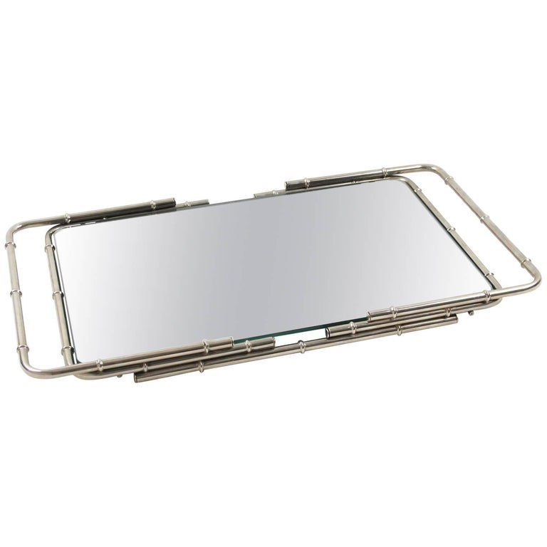 French MCM Chrome Bar Cocktail Mirror Tray Bamboo Design
