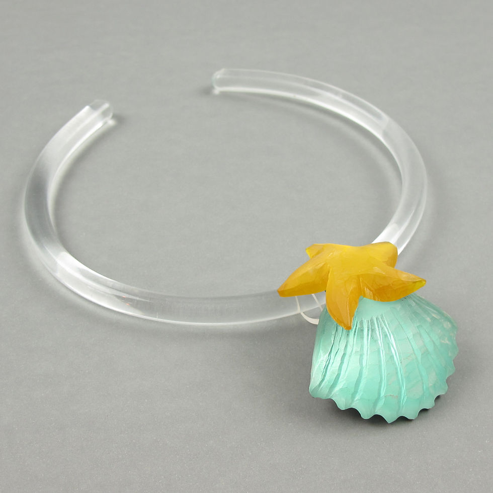 Thumbnail: Kaso Rigid Lucite Choker Necklace Green Yellow Shell and Starfish