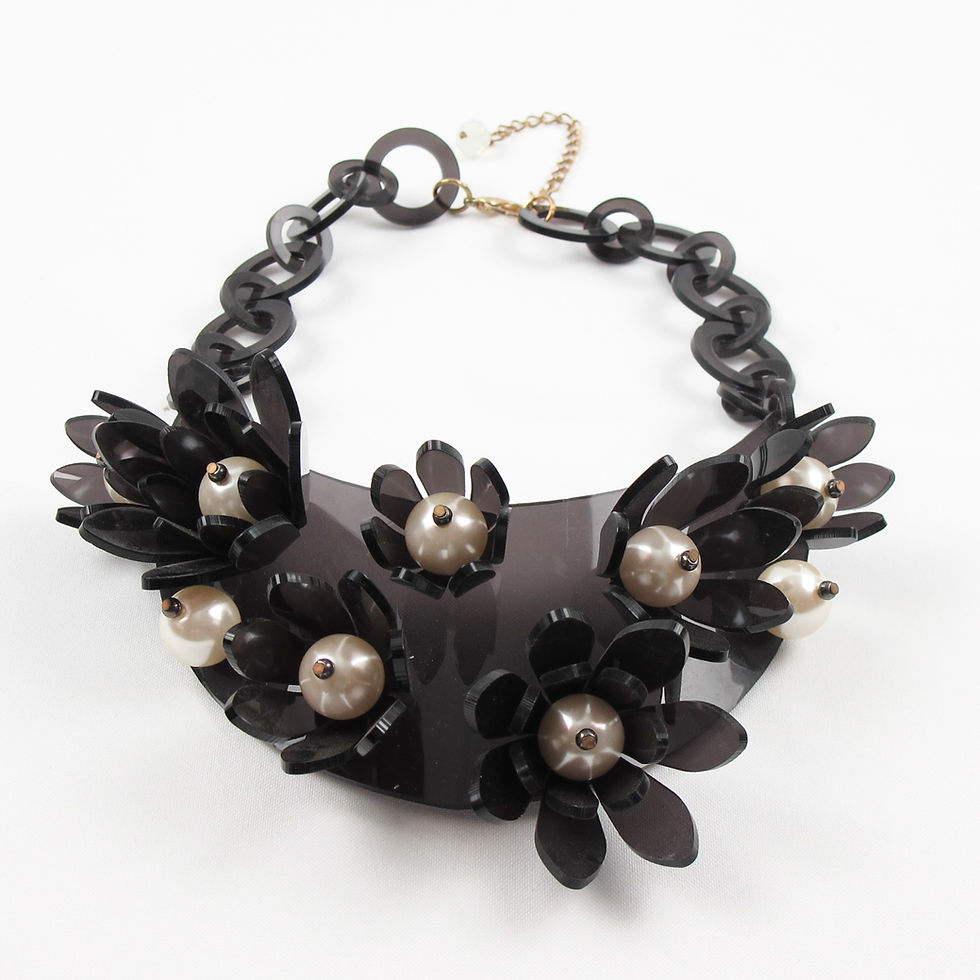 Thumbnail: Italian Design Dark Gray Lucite Bib Necklace Flower and Pearl