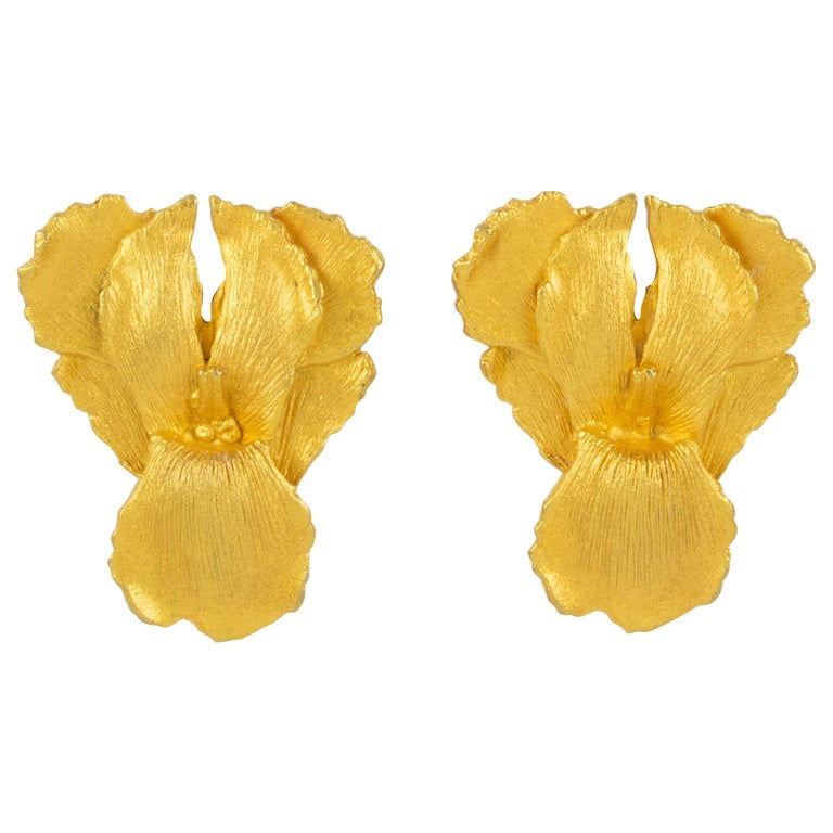 Kenzo Paris Gilt Metal Iris Flower Clip Earrings