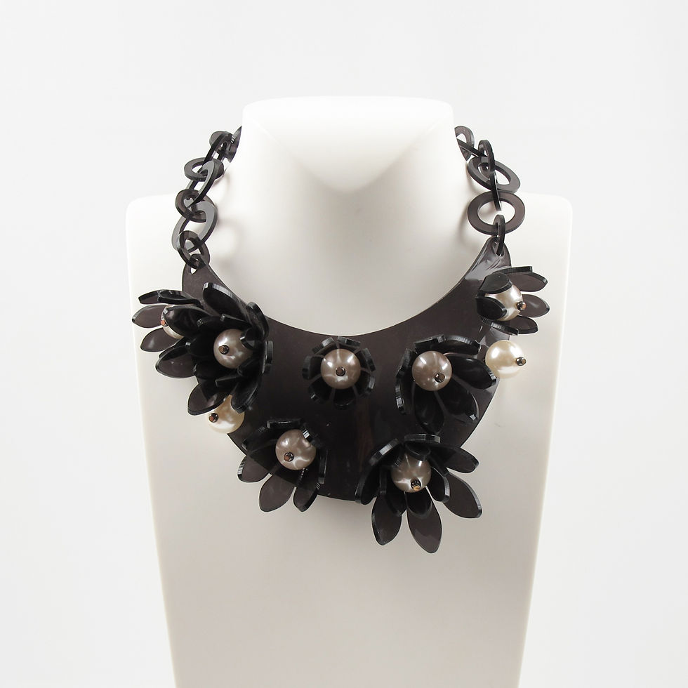 Thumbnail: Italian Design Dark Gray Lucite Bib Necklace Flower and Pearl