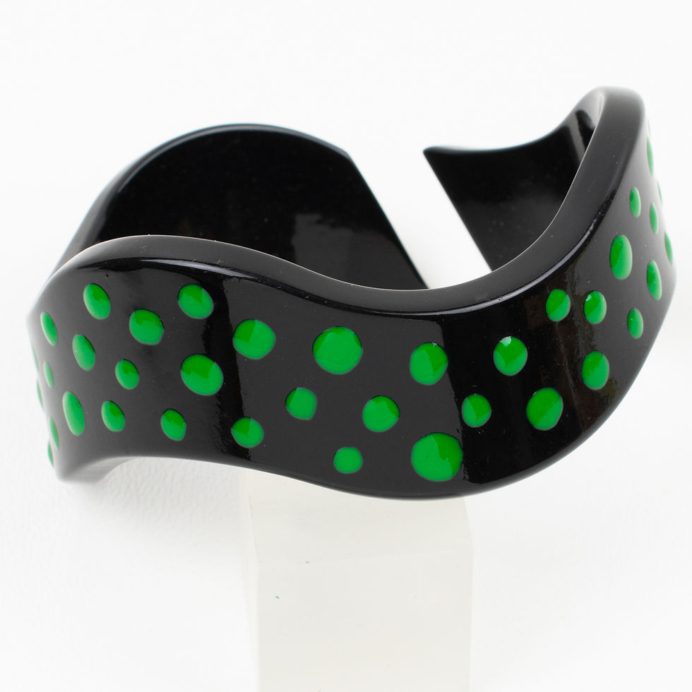 Thumbnail: Missoni Italy Black Lucite Resin Bracelet Bangle Purple and Green Dots, a pair