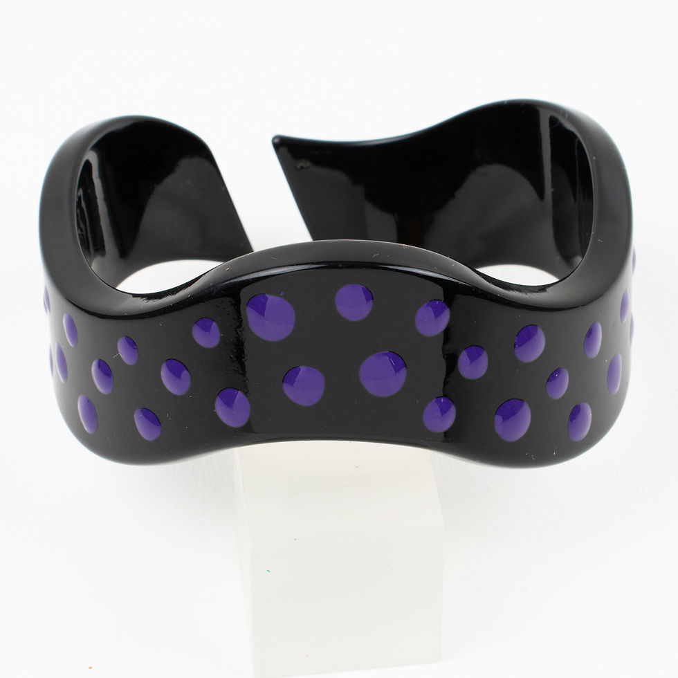 Thumbnail: Missoni Italy Black Lucite Resin Bracelet Bangle Purple and Green Dots, a pair