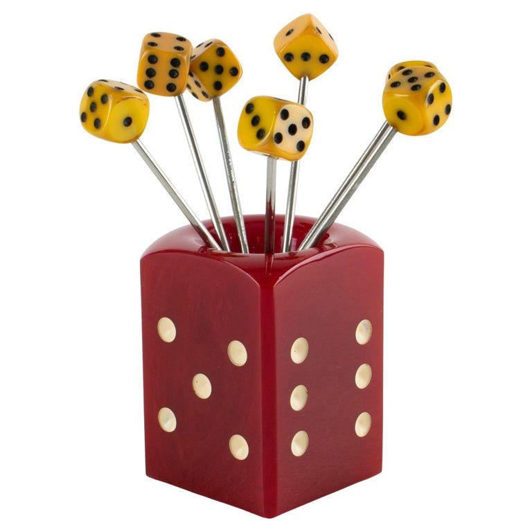 French Art Deco Red and Yellow Bakelite Dice Barware Cocktail Picks Set