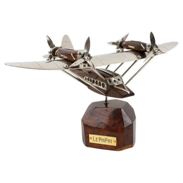 Art Deco Airplane SeaPlane Aviation Model in Wood and Chrome, 1940s