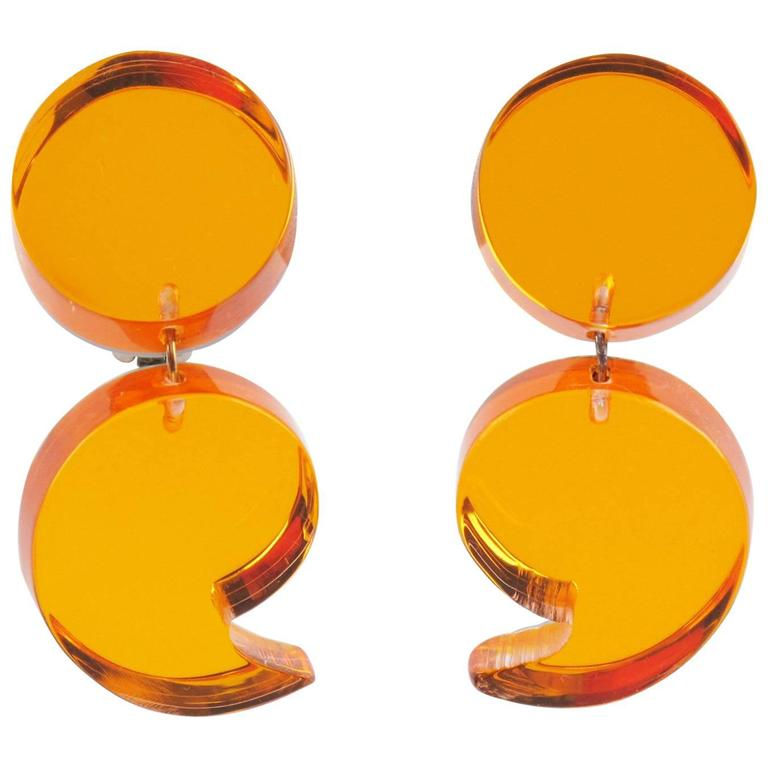 Kaso Oversized Neon Orange Lucite Dangle Clip Earrings