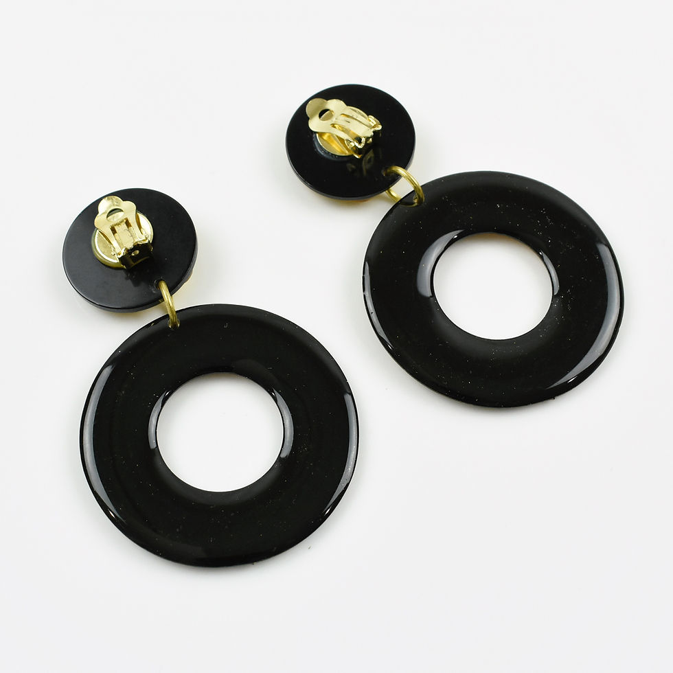 Thumbnail: Baroque Dangle Lucite Clip Earrings Black and Gold Design