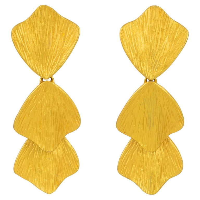 Claude Montana for Marie Paris Textured Gilded Metal Dangle Clip Earrings