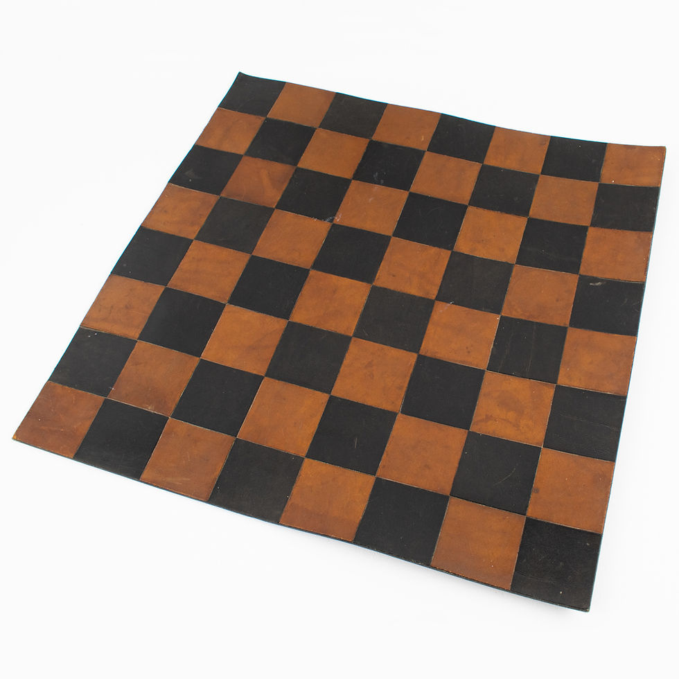 Thumbnail: Jacques Adnet Hand-Stitched Black and Cognac Leather Chess Board and Set