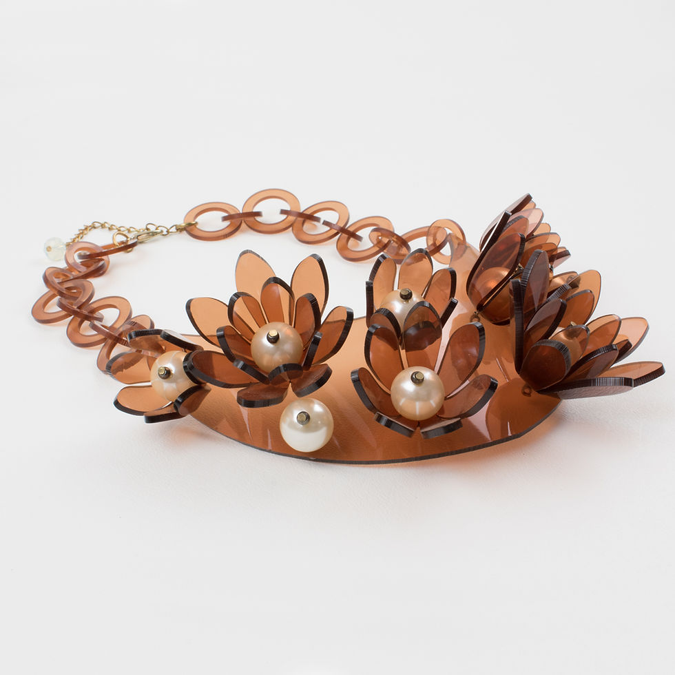 Thumbnail: Italian Design Copper Lucite Bib Necklace Flower and Pearl