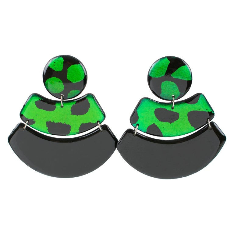 Black and Green Lucite Dangle Clip Earrings