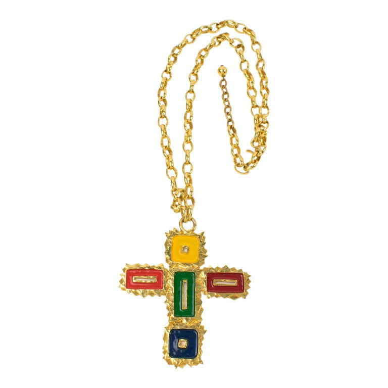 Mercedes Robirosa Gilt Metal and Enamel Cross Pendant Necklace