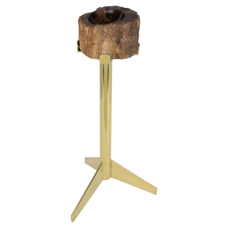 Mid-Century Brass and Petrified Wood Ashtray Vide Poche Side Table