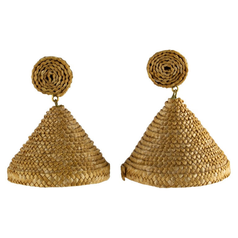 Francoise Montague Paris Rattan Wicker Dangling Clip Earrings