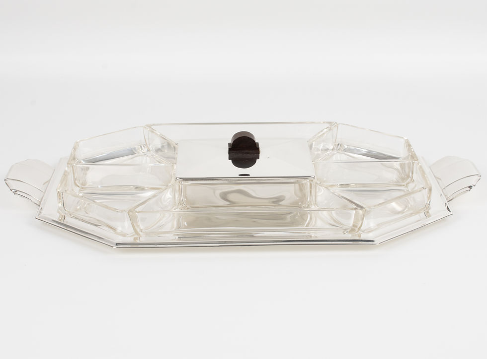 Thumbnail: Art Deco Silver Plate and Crystal Barware Tray and Dishes by Quist