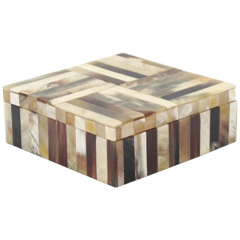 Modernist Lidded Box Horn Marquetry Patchwork, 1960s