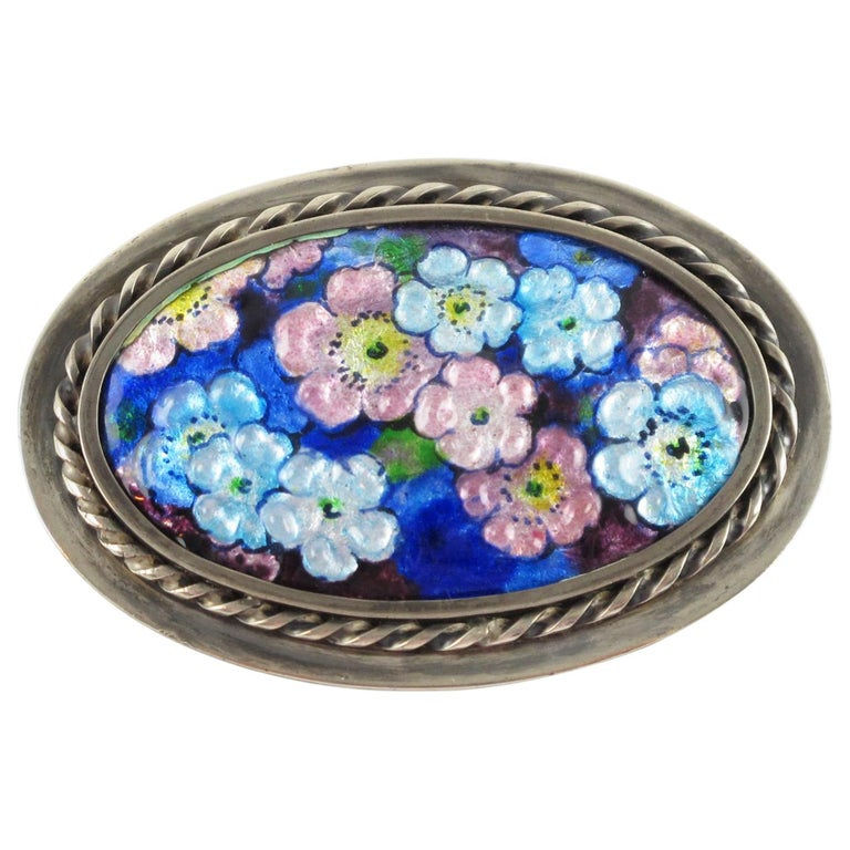 Camille Faure Limoges Blue Enamel Floral Brooch Pin