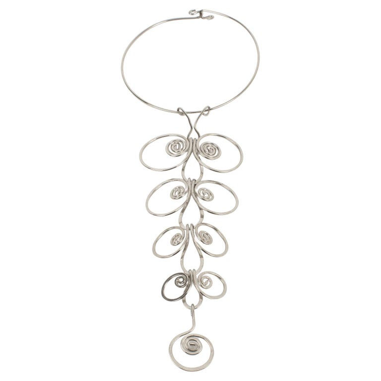 Paco Rabanne Style Space Age Chrome Wire Necklace with Geometric Pendant
