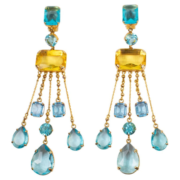 Carlo Zini Milano Oversized Aquamarine and Topaz Jeweled Dangle Clip Earrings