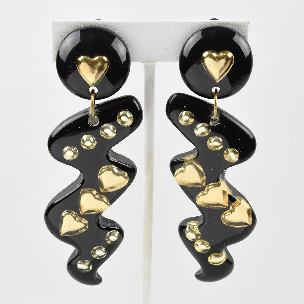 Thumbnail: Oversized Dangle Black Lucite Clip Earrings with Gilded Heart Inclusions