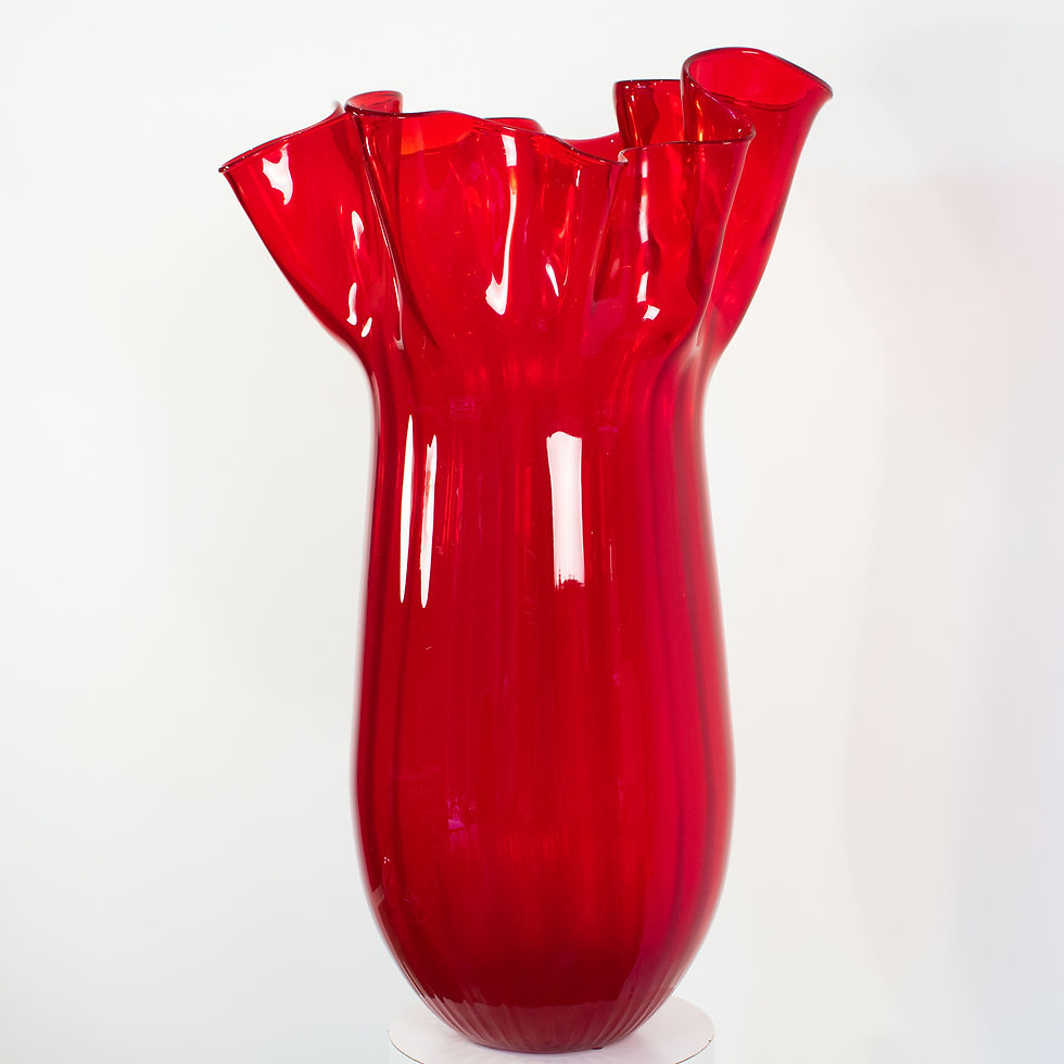 Thumbnail: Monumental Ruby Red Murano Art Glass Fazzoletto Vase by Venini