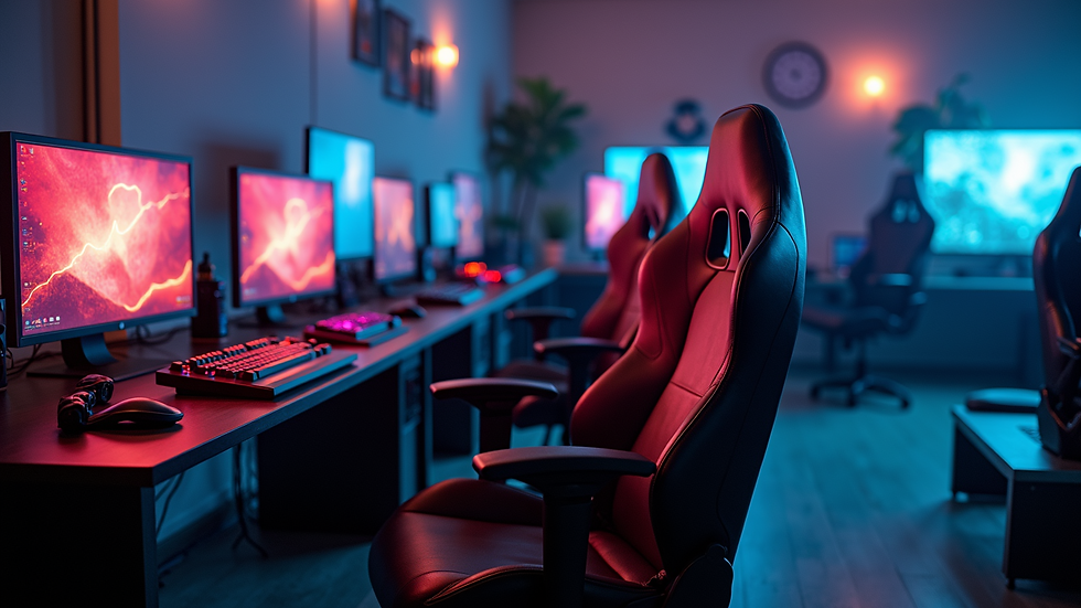 High angle view of a gaming room with multiple chairs and gaming consoles
