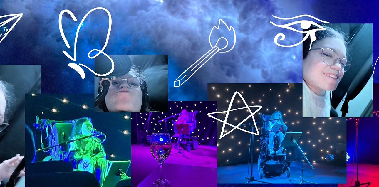 Collage of UK singer-songwriter Gracie Moyes performing live on stage with colourful lighting and symbolic illustrations.