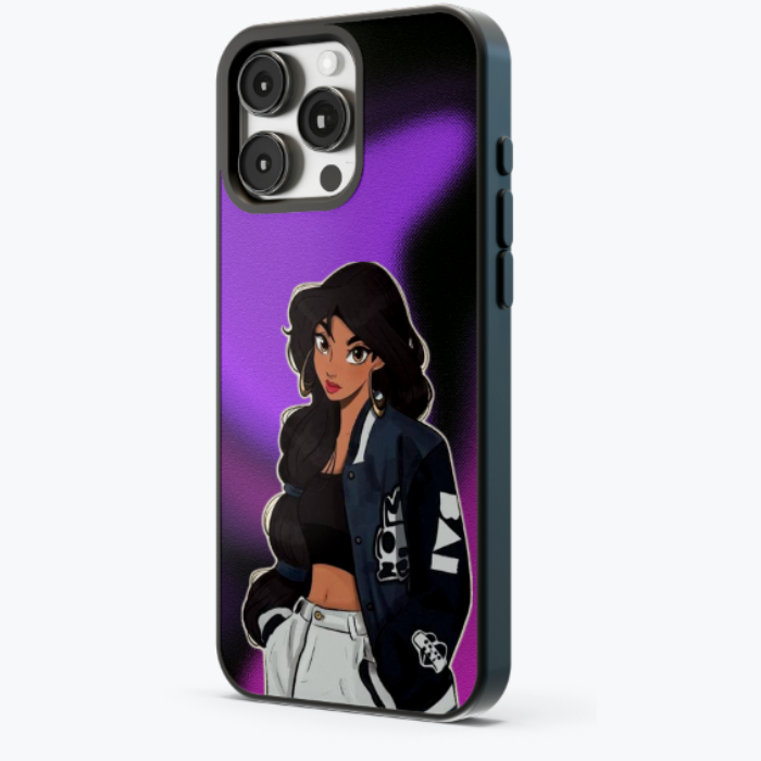 Illustration Disney réinventée avec Jasmine en mode streetwear, entourée de lumières néon violettes.