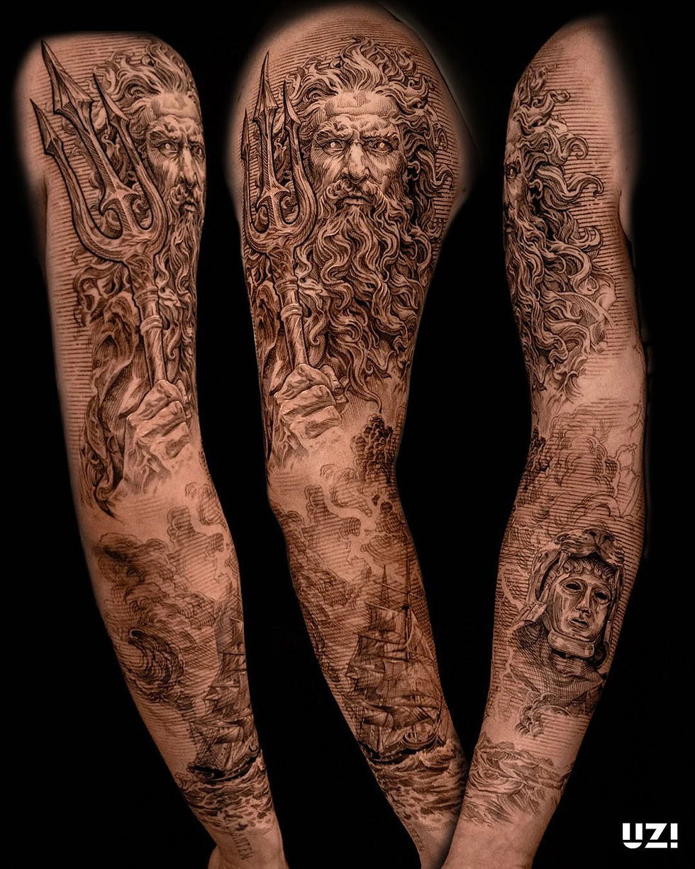 Tattoo sleeve with detailed Poseidon holding a trident, a ship, and a warrior helmet. Intricate designs in black and white. Text: "UZI".