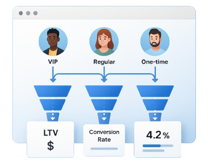 Visual breakdown of customer journey stages with 4.2% overall conversion rate