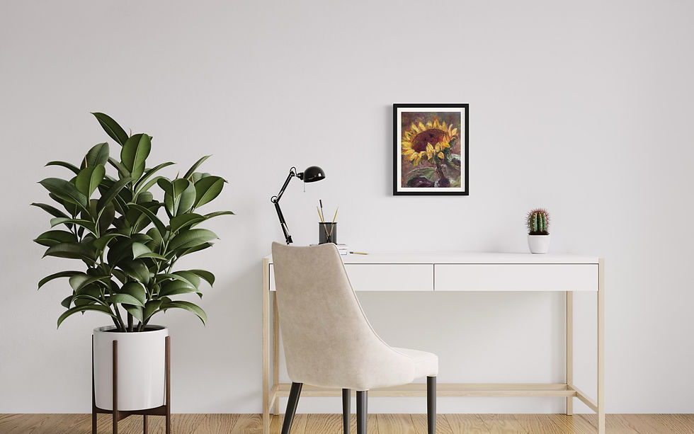 Thumbnail: yellow sunflower artwork hanging on a wall over a desk