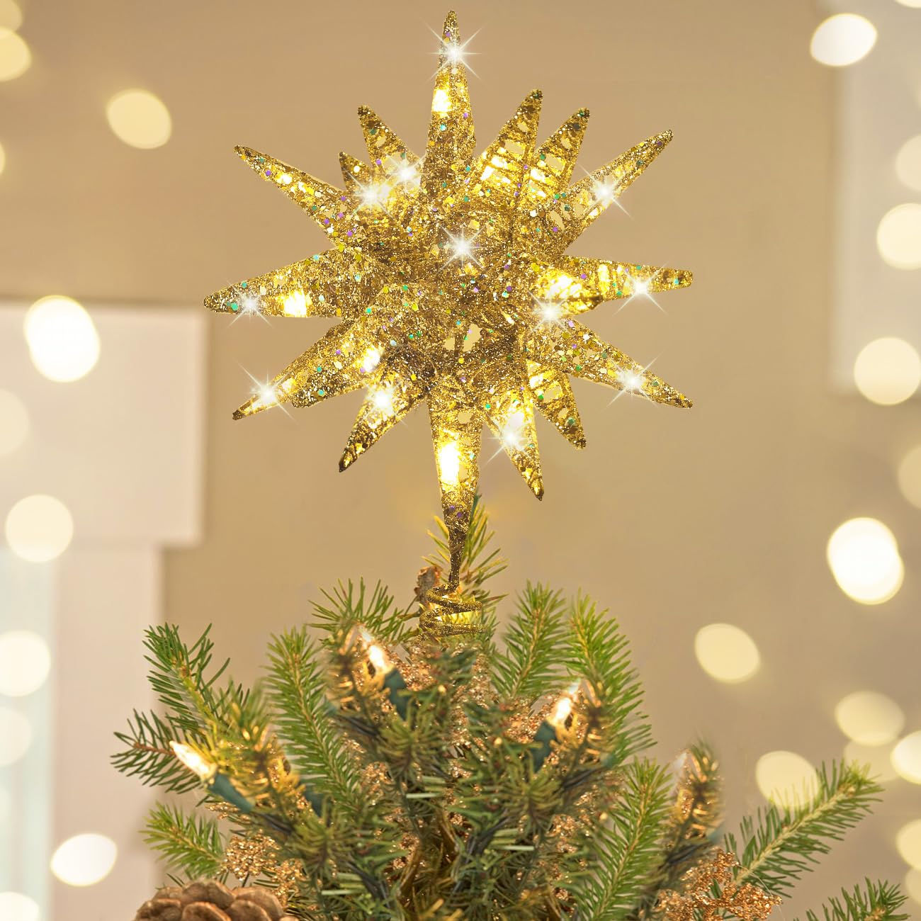 Luxspire Christmas Tree Topper 3D Star Lighted Tree Topper Christmas Decorations