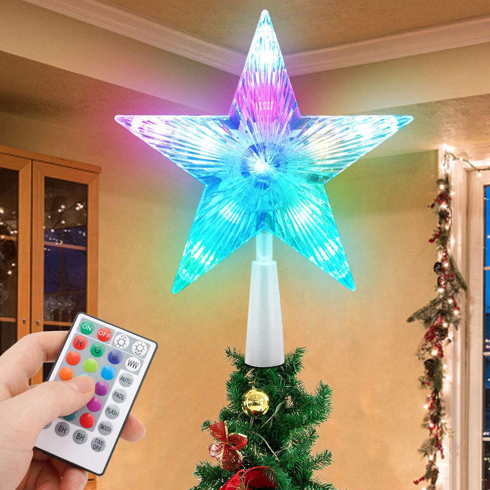 Christmas Tree Topper Star 7" LED Lighted Star Tree Top w/Remote Control 5-Point