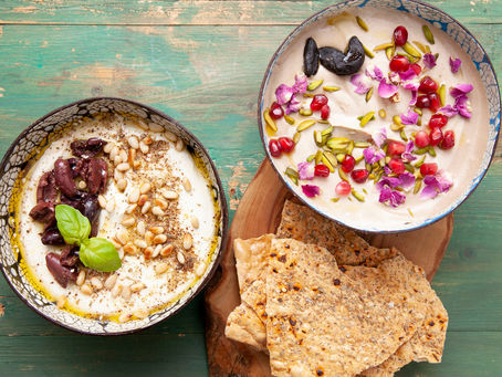 Whipped feta two ways: black garlic & cream cheese and ricotta & lemon