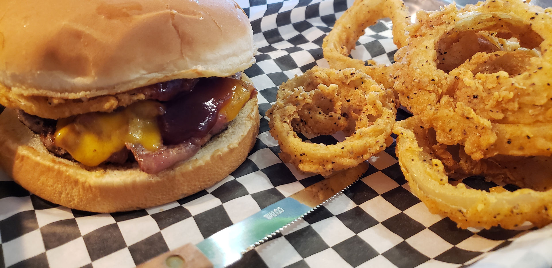 BBQ Bacon Burger with Onion Rings