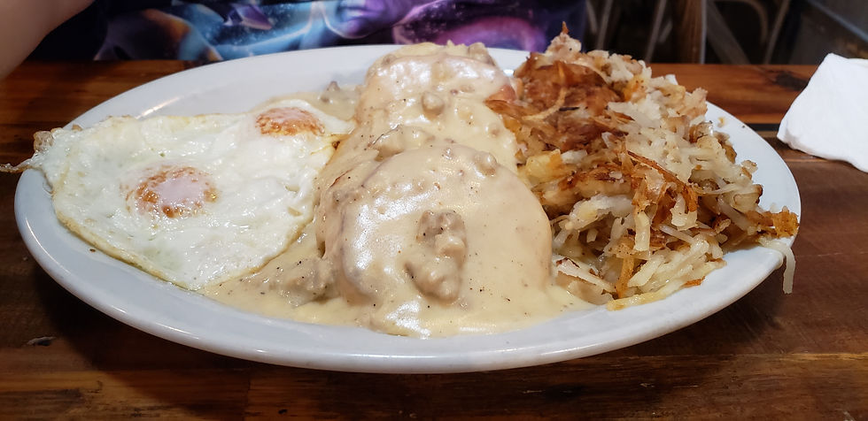 Gravy Train (Biscuits with sausage gravy, 2 sunny-side up eggs and hashbrowns