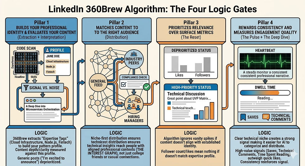 LinkedIn algorithm 360Brew four logic gates showing how expertise tags, identity match, content distribution, and engagement control LinkedIn visibility for tech professionals