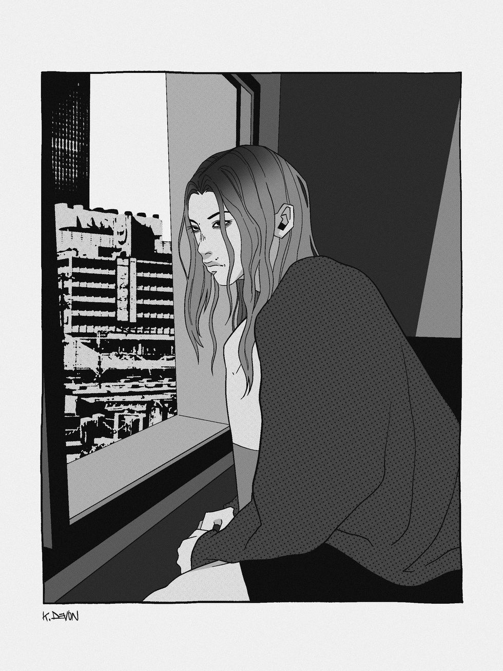 Comic panel of a young man staring stoically out a window into the streets of Tokyo.