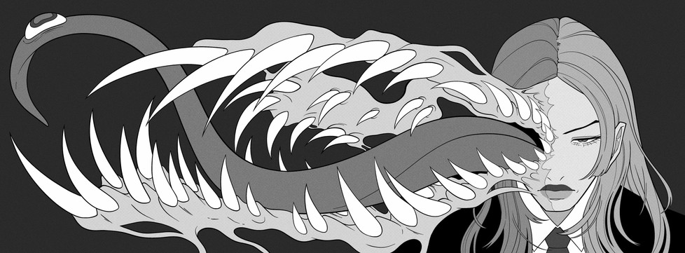 A woman glares at the viewer, half her face erupting into rows and rows of teeth and flesh.