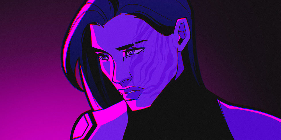 A young woman stares ahead of her, half her face scarred.