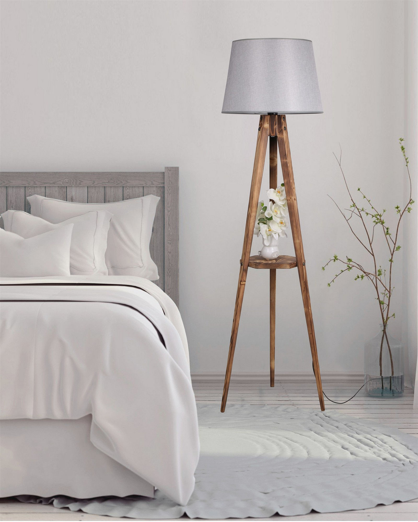 Sehbali Tripod Yanik Lambader Pramit Hasir Gri Abajurlu