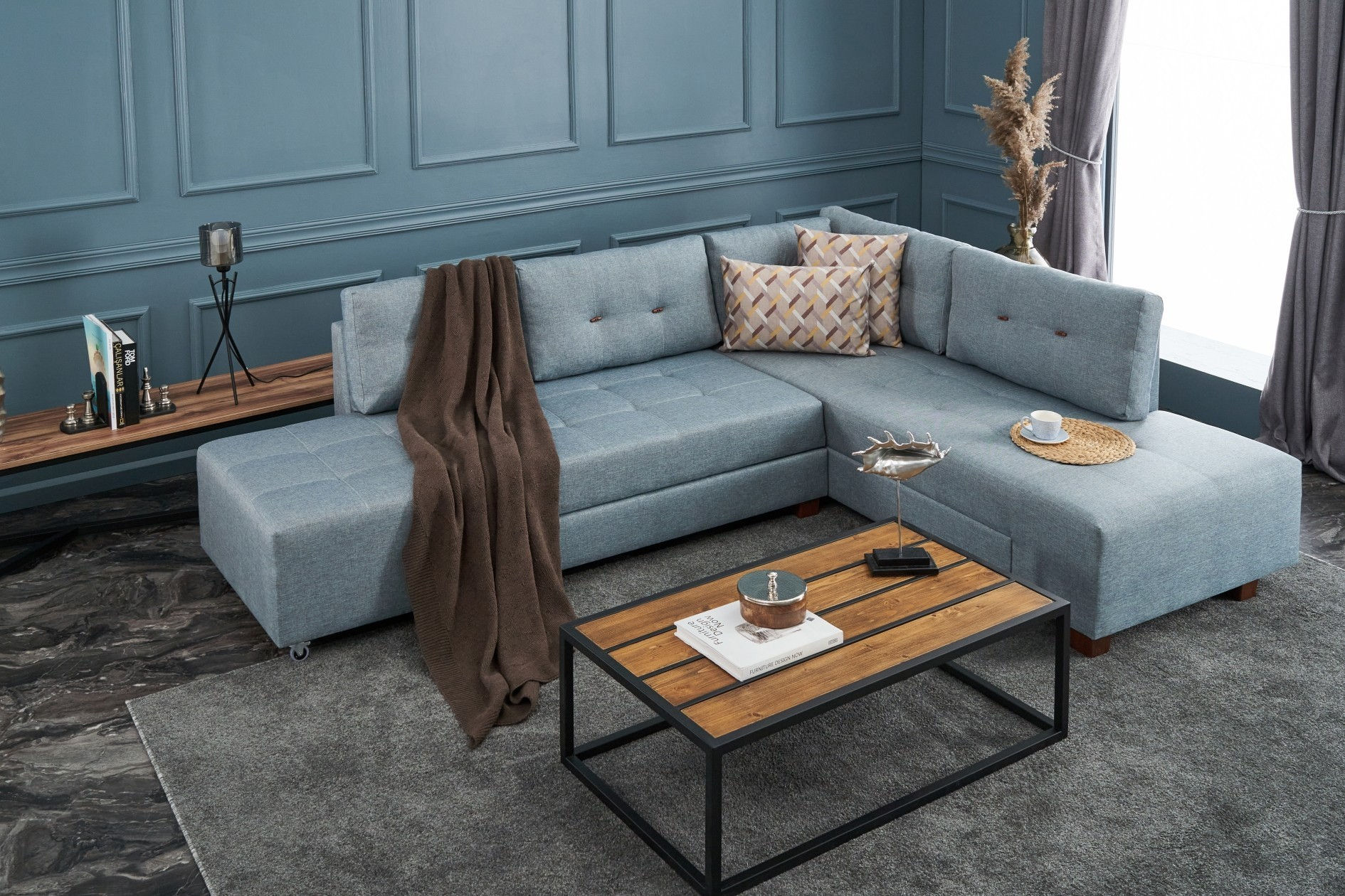Manama Corner Sofa Bed Right - Light Blue