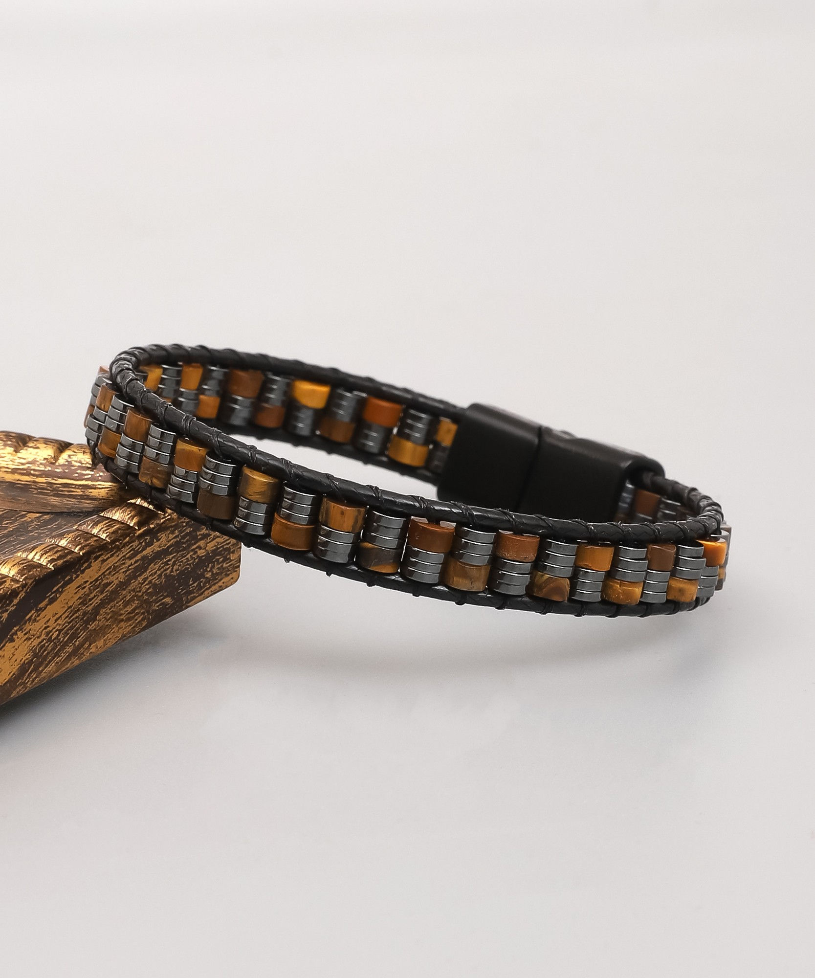 TigerHaze Leather Bracelet: Bead & Stone Fusion