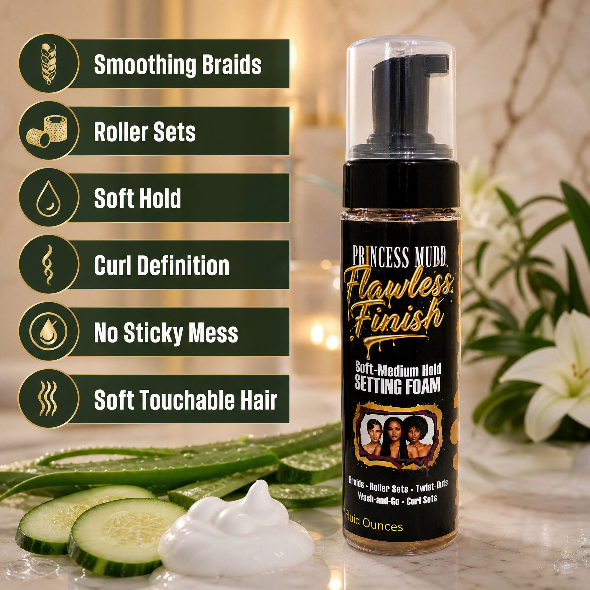 Flawless Finish Setting foam is a non-sticky, non-flaking mousse for smoothing braids