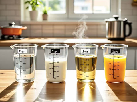 A real-life kitchen scene with four transparent measuring cups containing water, milk, oil, and juice—each filled to 16 fl oz—with labels showing ‘2 cups’. Natural lighting, wooden countertop, realistic photography style.