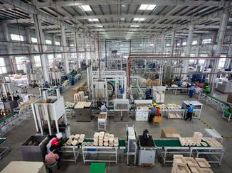Interior view of a modern sugarcane bagasse factory showing the production floor with workers, automated machinery, conveyor belts, and stacks of eco-friendly disposable hamburger boxes and tableware being manufactured.