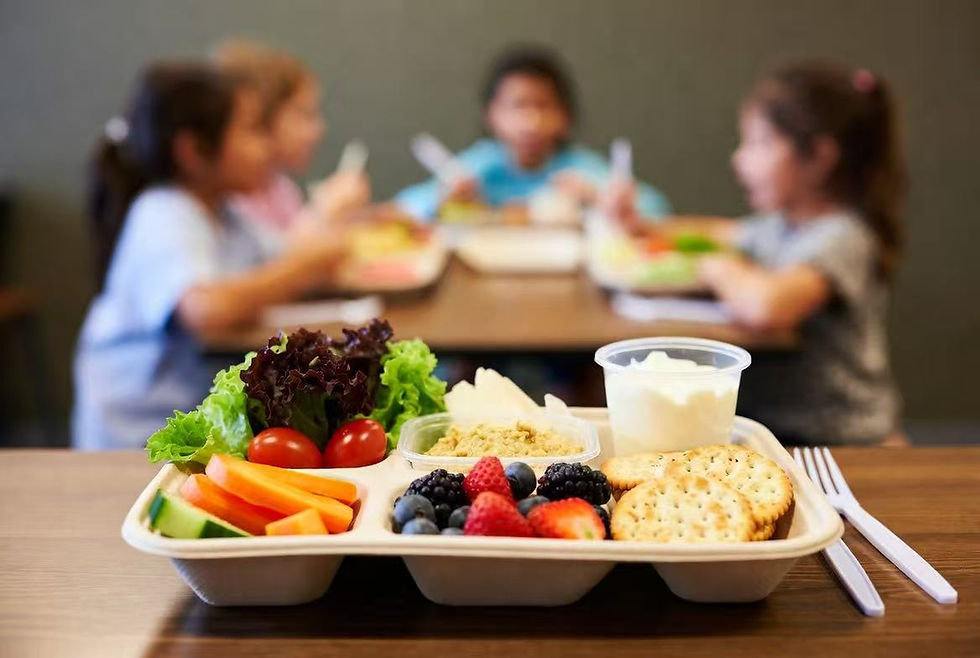 school lunch setup featuring a 5-compartment sugarcane bagasse tray